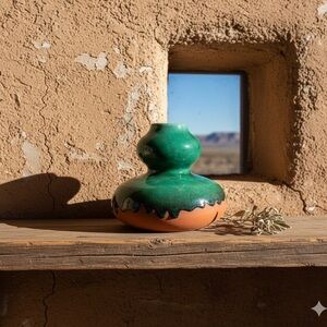 Vintage Mexico Red Clay Ceramic Pottery Vase Southwestern Green‎ Glaze Handmade